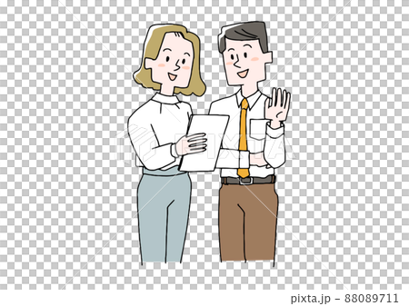 Men and women discussing while looking at materials Comical handwritten person Vector, line drawing and color 88089711