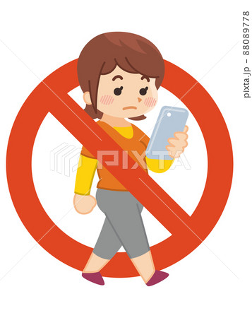 歩きスマホ禁止のマーク 若い女性のイラスト素材 0778