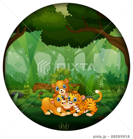 Cartoon a baby tiger and lion playing in the forest in a round frame 88089958