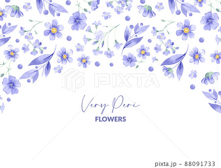 Banner with watercolor very peri flowers. Hand drawn illustration of blooming plants. Botanical background for greeting card design and packaging. 88091733