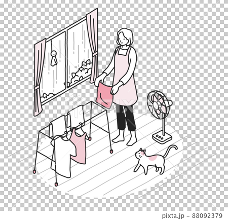 雨の日に部屋干しをする女性 雨の日に部屋干しをする女性 88092379