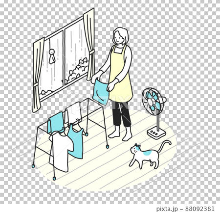 雨の日に部屋干しをする女性 雨の日に部屋干しをする女性 88092381