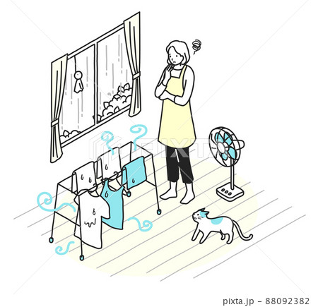 部屋干しで洗濯物のニオイに悩む女性 88092382