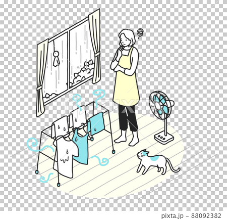 部屋干しで洗濯物のニオイに悩む女性 88092382