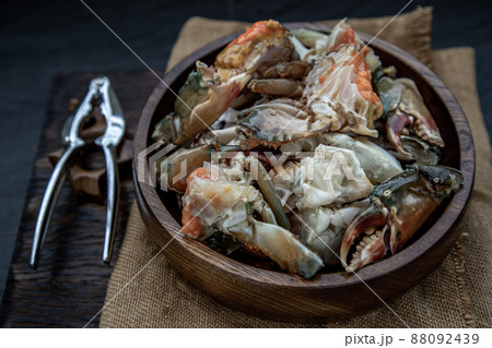 Fish sauce-fermented Horse crab and Sea Crab Egg Pickled in Fish Sauce in wooden bowl. Fish sauce-fermented Horse crab and Sea Crab Egg Pickled in Fish Sauce in wooden bowl. 88092439