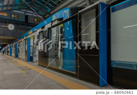 Inside large modern Tha Phra BTS Skytrain Station of the central business district of Bangkok. 88092661