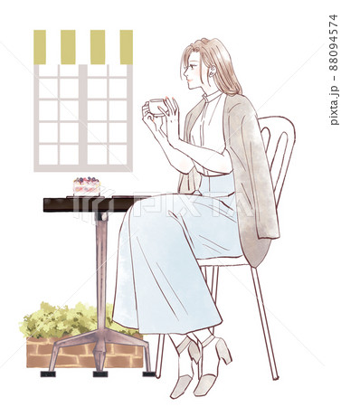カフェテラスでくつろぐ女性のイラスト素材 カフェテラスでくつろぐ女性のイラスト素材