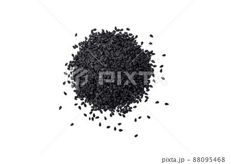 A pile of dried Black sesame seeds. isolated on a white background. A pile of dried Black sesame seeds. isolated on a white background. 88095468