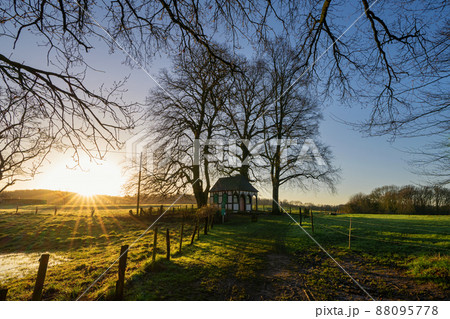 Chapel against sunrise, Bergisch Gladbach, Germany Chapel against sunrise, Bergisch Gladbach, Germany 88095778