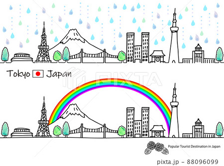 梅雨の東京の観光地の街並シンプル手描き線画セット 88096099