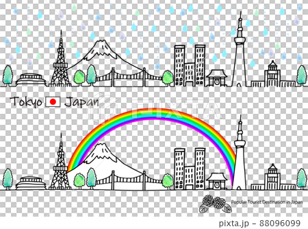 梅雨の東京の観光地の街並シンプル手描き線画セット 88096099