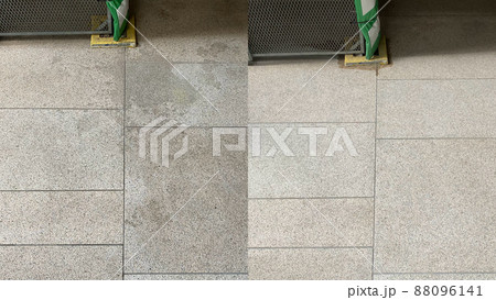 Before and after, cleaning and stain removal of an external pink granite floor 88096141