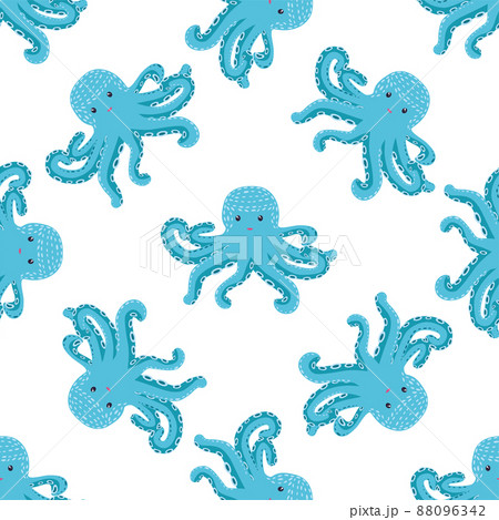 Seamless pattern with cute octopus, seaweed and pearl. Childish seamless pattern with cute hand drawn. Trendy nursery background 88096342