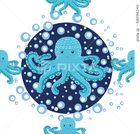 Seamless pattern with cute octopus, seaweed and pearl. Childish seamless pattern with cute hand drawn. Trendy nursery background 88096343