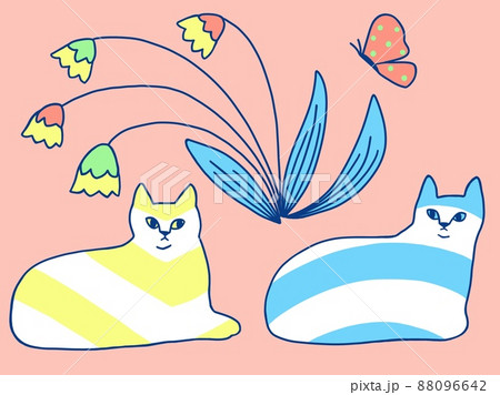 縞模様の2匹の猫と花と蝶 88096642