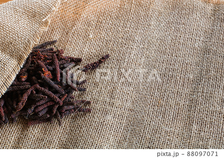 乾燥ヒハツと葉っぱ。右下コメント、コピースペース。 88097071