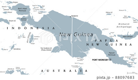 New Guinea gray political map. Second largest island in the world located in the South Pacific Ocean. The eastern half is the major landmass of Papua New Guinea. The western half is part of Indonesia. 88097683