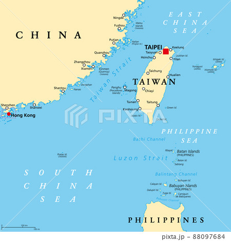 Taiwan Area, political map with capital Taipei. Free Area of the Republic of China (ROC). Provinces and islands groups of Taiwan, located between the East and the South China Sea. Illustration. Vector 88097684