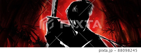 深い森と怪しく輝く満月と戦いに挑む若侍の殺陣イラスト 88098245