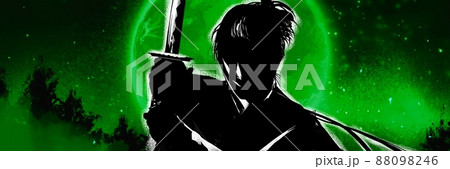 深い森と怪しく輝く満月と戦いに挑む若侍の殺陣イラスト 深い森と怪しく輝く満月と戦いに挑む若侍の殺陣イラスト 88098246