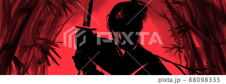 深い竹林と怪しく輝く夜空と戦いに挑む若侍の殺陣 88098335