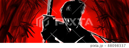 深い竹林と怪しく輝く夜空と戦いに挑む若侍の殺陣 88098337