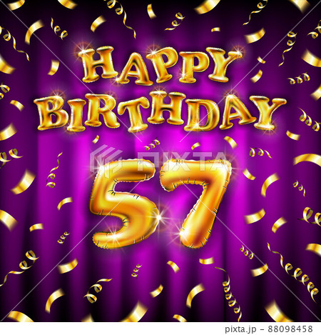 Golden number fifty seven metallic balloon. Happy Birthday message made of golden inflatable balloon. 57 number letters on pink background. fly gold ribbons with confetti. vector illustration Golden number fifty seven metallic balloon. Happy Birthday message made of golden inflatable balloon. 57 number letters on pink background. fly gold ribbons with confetti. vector illustration 88098458