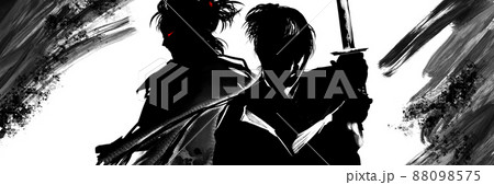白黒切り絵風戦いに挑む若侍たちの殺陣イラスト　 88098575