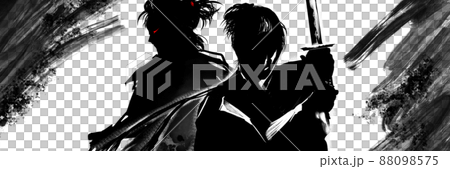 白黒切り絵風戦いに挑む若侍たちの殺陣イラスト　 88098575