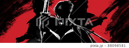 白黒切り絵風戦いに挑む若侍たちの殺陣イラスト 白黒切り絵風戦いに挑む若侍たちの殺陣イラスト 88098581