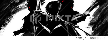 白黒切り絵風戦いに挑む若侍たちの殺陣イラスト 白黒切り絵風戦いに挑む若侍たちの殺陣イラスト 88098582