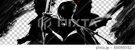 白黒切り絵風戦いに挑む若侍たちの殺陣イラスト 白黒切り絵風戦いに挑む若侍たちの殺陣イラスト 88098582