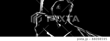 白黒切り絵風戦いに挑む若侍の殺陣イラスト 白黒切り絵風戦いに挑む若侍の殺陣イラスト 88098595