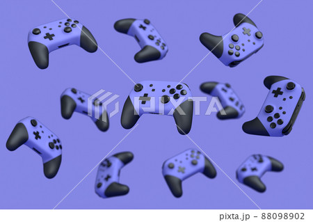Flying gamer joysticks or gamepads on purple background with blur. 3d rendering of accessories for live streaming concept top view 88098902