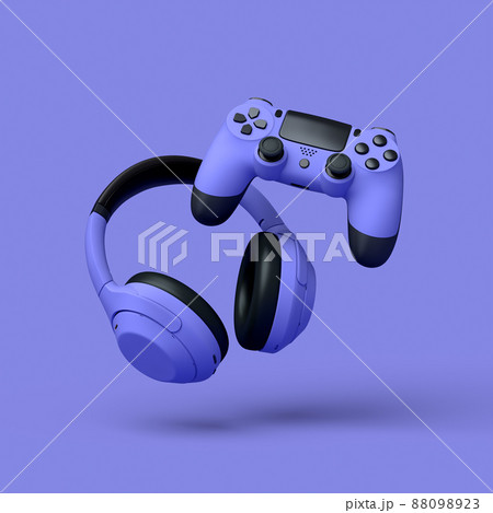 Flying gamer gears like headset, headphones and joystick on purple background. 3d rendering of accessories for live streaming concept top view Flying gamer gears like headset, headphones and joystick on purple background. 3d rendering of accessories for live streaming concept top view 88098923