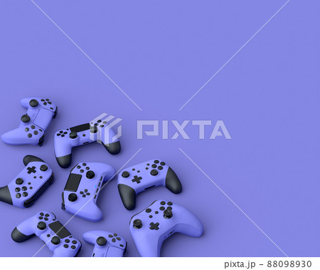 Set of lying gamer joysticks or gamepads on purple background with blur. 3d rendering of accessories for live streaming concept top view Set of lying gamer joysticks or gamepads on purple background with blur. 3d rendering of accessories for live streaming concept top view 88098930