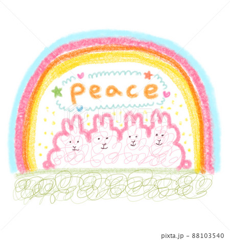 Peace 平和なウサギと虹のイメージイラスト 手描きのイラスト素材