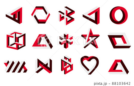 Impossible figures. Optical illusion shapes. Infinite symbols. Visual perception delusion. Looped geometric cubes and triangles. Mathematical trick. Vector isolated unreal forms set Impossible figures. Optical illusion shapes. Infinite symbols. Visual perception delusion. Looped geometric cubes and triangles. Mathematical trick. Vector isolated unreal forms set 88103642