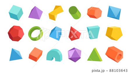 Cartoon geometric figures. 3D abstract shapes. Cylinder and pyramid. Minimal parallelepiped. Triangular and hexagonal prisms. Math and geometry. Vector colorful polygonal forms set 88103643