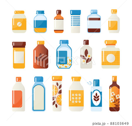 Drug bottles. Medicine or pharmacy containers with pills. Prescription medication. Vitamin capsules. Antiseptic liquid jars. Painkiller or antibiotic remedy. Vector tablet packages set Drug bottles. Medicine or pharmacy containers with pills. Prescription medication. Vitamin capsules. Antiseptic liquid jars. Painkiller or antibiotic remedy. Vector tablet packages set 88103649
