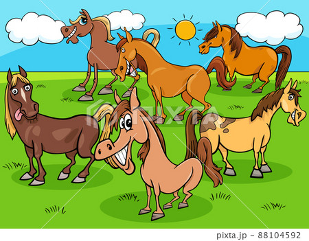 funny cartoon horses farm animals group 88104592