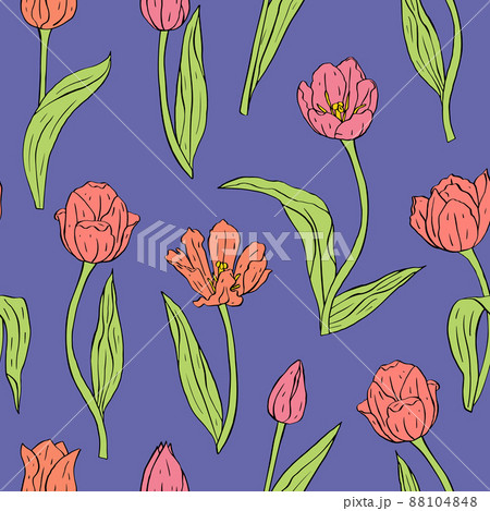 Vintage seamless pattern with pink tulips flowers and leaves on blue 88104848