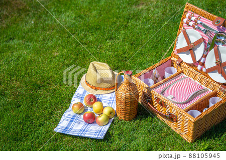 Picnic basket on green sunny lawn in the park 88105945