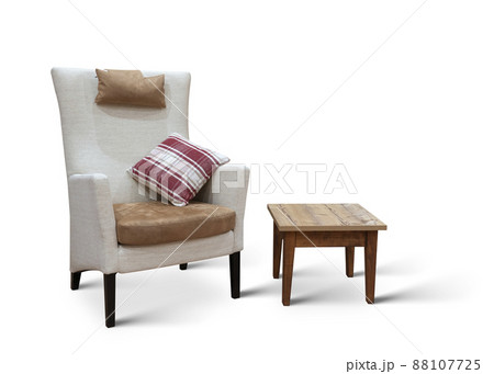 Grey flax armchair with pillow and coffee table isolated on white background Grey flax armchair with pillow and coffee table isolated on white background 88107725