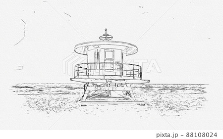 Pensil sketch painting illustration of Lifeguard tower in South Beach in Fort Lauderdale Florida, USA 88108024