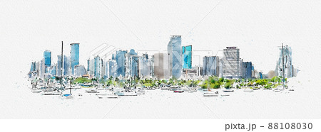 Watercolor digital illustration of Miami Downtown skyline isolated on white background 88108030