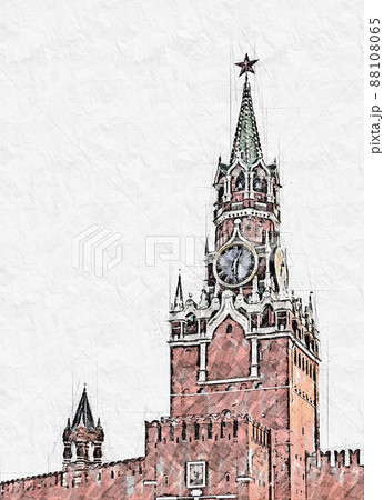 Spasskaya Tower on Red square in Moscow, Russia, watercolor sketch Spasskaya Tower on Red square in Moscow, Russia, watercolor sketch 88108065