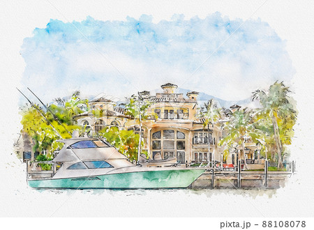 Watercolor painting illustration of Luxury Waterfront Mansion with yacht in Fort Lauderdale Florida Watercolor painting illustration of Luxury Waterfront Mansion with yacht in Fort Lauderdale Florida 88108078