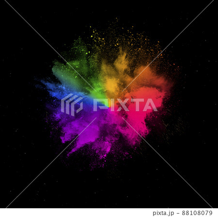 Colorful dust explosion of holi paint powder explosion isolated on black background Colorful dust explosion of holi paint powder explosion isolated on black background 88108079