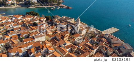 Aerial view of historic Adriatic town of Krk , Island of Krk, Kvarner bay of Adriatic sea, Croatia, Europe Aerial view of historic Adriatic town of Krk , Island of Krk, Kvarner bay of Adriatic sea, Croatia, Europe 88108192
